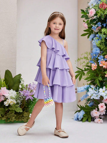 Young Girls' Off Shoulder Multilayered Cake Skirt Hem Casual Loose Woven Dress