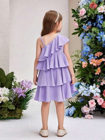 Young Girls' Off Shoulder Multilayered Cake Skirt Hem Casual Loose Woven Dress