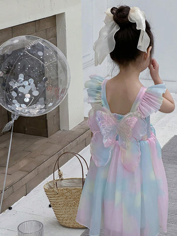 Young Girls' Ombre Butterfly Decor Short Sleeve A-Line Dress For Summer