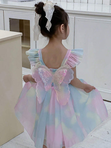 Young Girls' Ombre Butterfly Decor Short Sleeve A-Line Dress For Summer