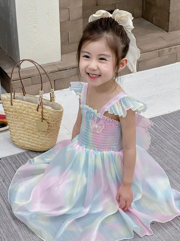 Young Girls' Ombre Butterfly Decor Short Sleeve A-Line Dress For Summer