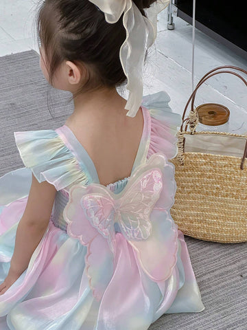 Young Girls' Ombre Butterfly Decor Short Sleeve A-Line Dress For Summer