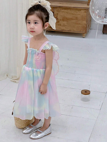 Young Girls' Ombre Butterfly Decor Short Sleeve A-Line Dress For Summer