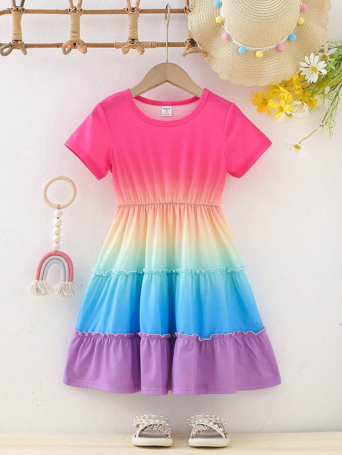 Young Girls' Ombre Round Neck Ruffle Hem Swing Dress For Spring/Summer