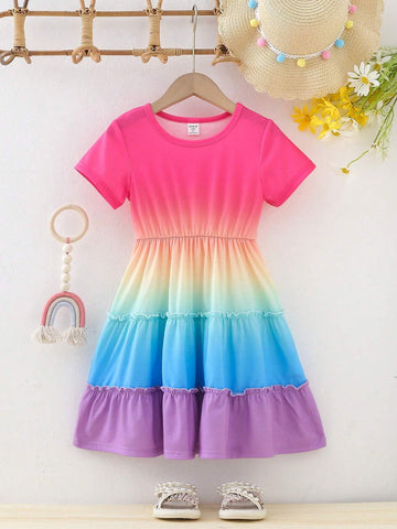 Young Girls' Ombre Round Neck Ruffle Hem Swing Dress For Spring/Summer