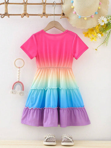 Young Girls' Ombre Round Neck Ruffle Hem Swing Dress For Spring/Summer