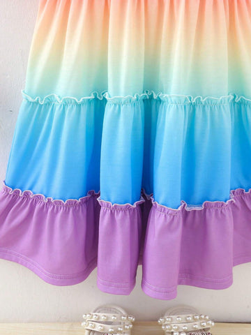 Young Girls' Ombre Round Neck Ruffle Hem Swing Dress For Spring/Summer