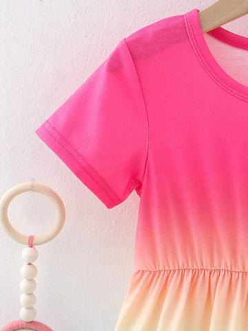 Young Girls' Ombre Round Neck Ruffle Hem Swing Dress For Spring/Summer