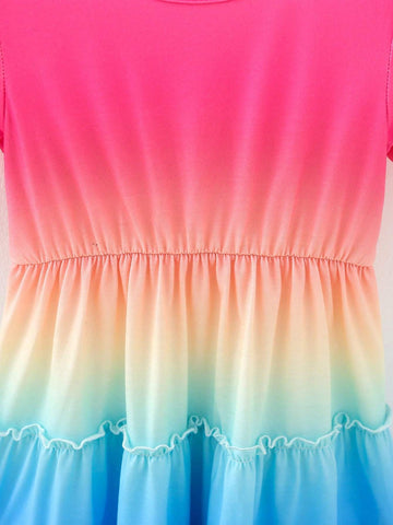Young Girls' Ombre Round Neck Ruffle Hem Swing Dress For Spring/Summer