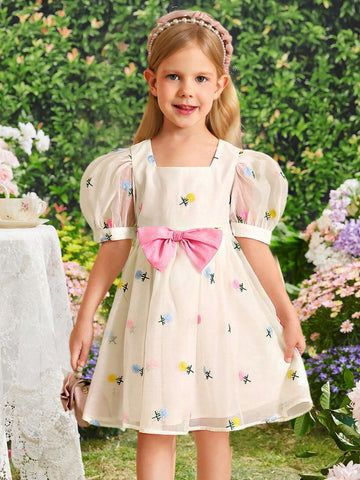 Young Girl's Organza Embroidery Square Neck Puff Sleeve Removable Color Blocking Bowknot Dress