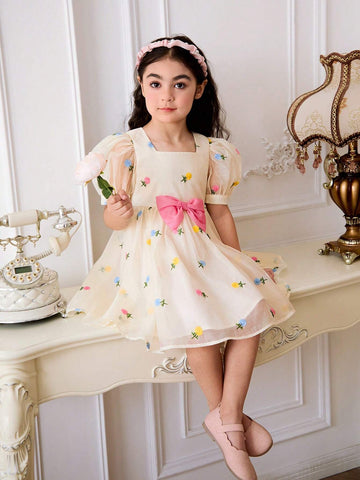 Young Girl's Organza Embroidery Square Neck Puff Sleeve Removable Color Blocking Bowknot Dress