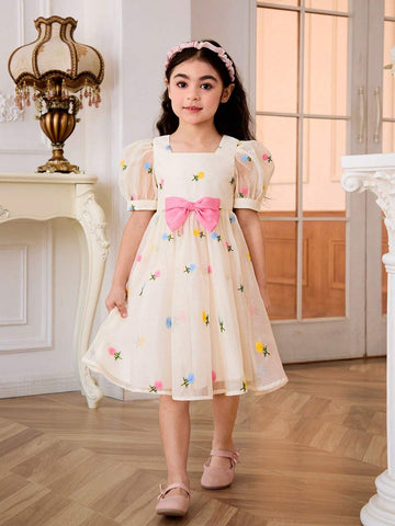 Young Girl's Organza Embroidery Square Neck Puff Sleeve Removable Color Blocking Bowknot Dress