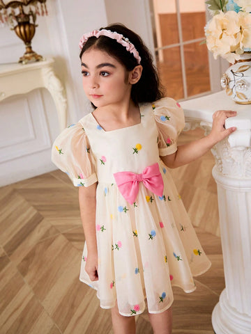 Young Girl's Organza Embroidery Square Neck Puff Sleeve Removable Color Blocking Bowknot Dress