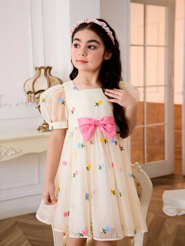 Young Girl's Organza Embroidery Square Neck Puff Sleeve Removable Color Blocking Bowknot Dress