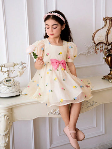 Young Girl's Organza Embroidery Square Neck Puff Sleeve Removable Color Blocking Bowknot Dress
