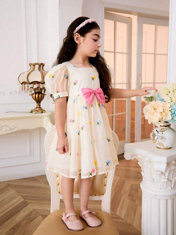 Young Girl's Organza Embroidery Square Neck Puff Sleeve Removable Color Blocking Bowknot Dress