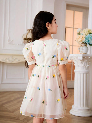 Young Girl's Organza Embroidery Square Neck Puff Sleeve Removable Color Blocking Bowknot Dress
