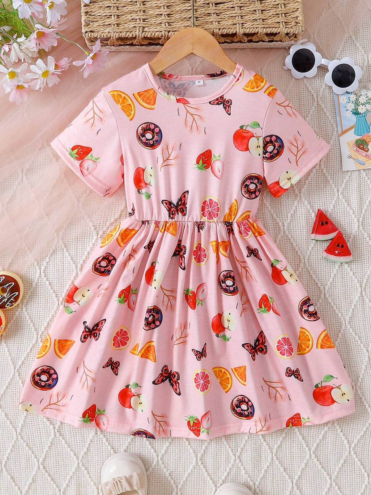Young Girl's Party Butterfly, Fruits, Strawberry, Watermelon Print Short-Sleeve Dress