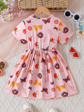 Young Girl's Party Butterfly, Fruits, Strawberry, Watermelon Print Short-Sleeve Dress