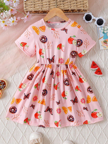 Young Girl's Party Butterfly, Fruits, Strawberry, Watermelon Print Short-Sleeve Dress