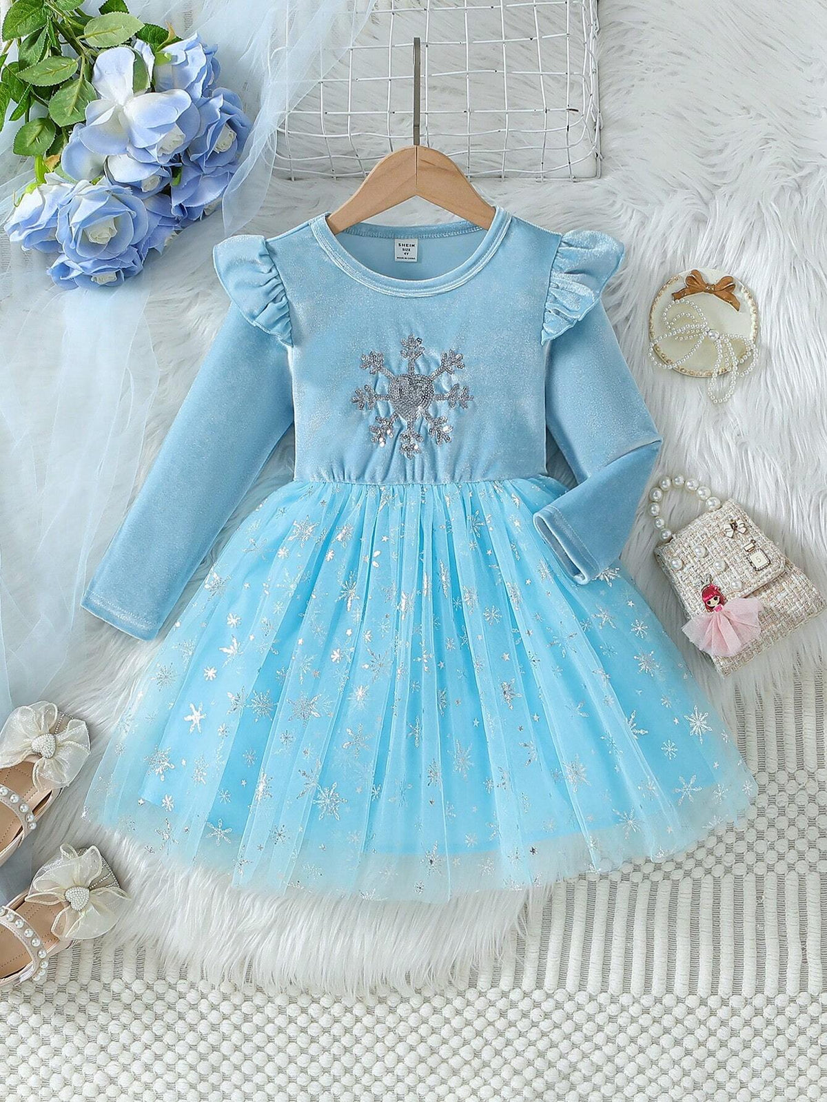 Young Girls Party Dress - Blue Velvet Fabric With Snowflake Sequin Embroidery, Sheer Mesh Puff Sleeves, Elegant For Halloween, Parties And Events