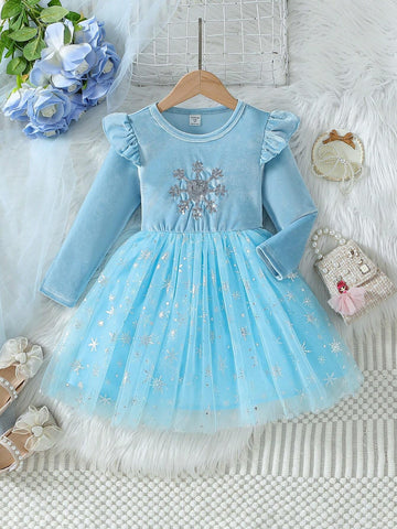 Young Girls Party Dress - Blue Velvet Fabric With Snowflake Sequin Embroidery, Sheer Mesh Puff Sleeves, Elegant For Halloween, Parties And Events
