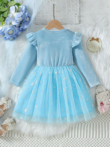 Young Girls Party Dress - Blue Velvet Fabric With Snowflake Sequin Embroidery, Sheer Mesh Puff Sleeves, Elegant For Halloween, Parties And Events