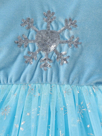 Young Girls Party Dress - Blue Velvet Fabric With Snowflake Sequin Embroidery, Sheer Mesh Puff Sleeves, Elegant For Halloween, Parties And Events