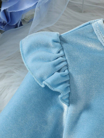 Young Girls Party Dress - Blue Velvet Fabric With Snowflake Sequin Embroidery, Sheer Mesh Puff Sleeves, Elegant For Halloween, Parties And Events