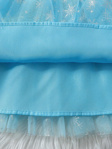 Young Girls Party Dress - Blue Velvet Fabric With Snowflake Sequin Embroidery, Sheer Mesh Puff Sleeves, Elegant For Halloween, Parties And Events