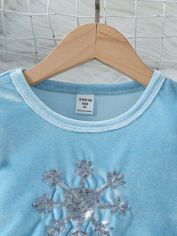 Young Girls Party Dress - Blue Velvet Fabric With Snowflake Sequin Embroidery, Sheer Mesh Puff Sleeves, Elegant For Halloween, Parties And Events