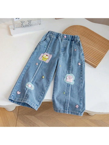 Young Girls Patched Denim Jeans, Loose Straight Leg Cute Jeans For Daily Wear