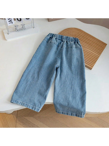 Young Girls Patched Denim Jeans, Loose Straight Leg Cute Jeans For Daily Wear