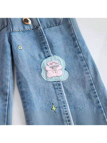 Young Girls Patched Denim Jeans, Loose Straight Leg Cute Jeans For Daily Wear
