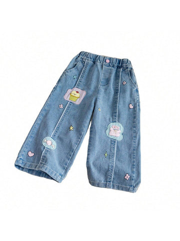 Young Girls Patched Denim Jeans, Loose Straight Leg Cute Jeans For Daily Wear
