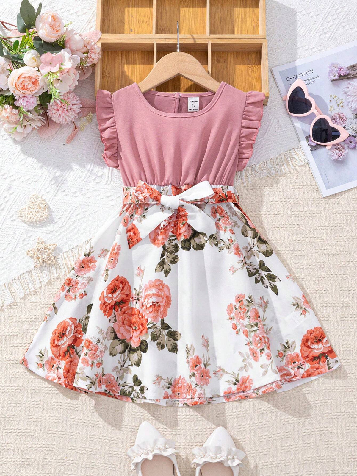 Young Girls' Patchwork Flower Print Round Neck Short Sleeve A-Line Dress