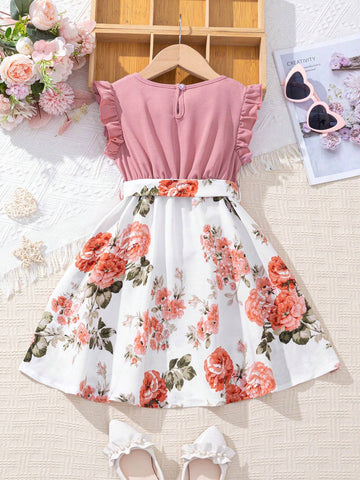 Young Girls' Patchwork Flower Print Round Neck Short Sleeve A-Line Dress