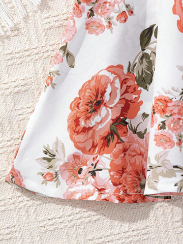 Young Girls' Patchwork Flower Print Round Neck Short Sleeve A-Line Dress