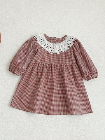 Young Girls' Patchwork Hollow Out Embroidery Gingham Printed Lantern Sleeve Dress