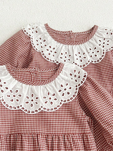 Young Girls' Patchwork Hollow Out Embroidery Gingham Printed Lantern Sleeve Dress