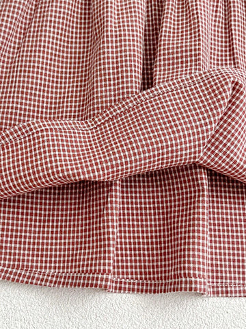 Young Girls' Patchwork Hollow Out Embroidery Gingham Printed Lantern Sleeve Dress