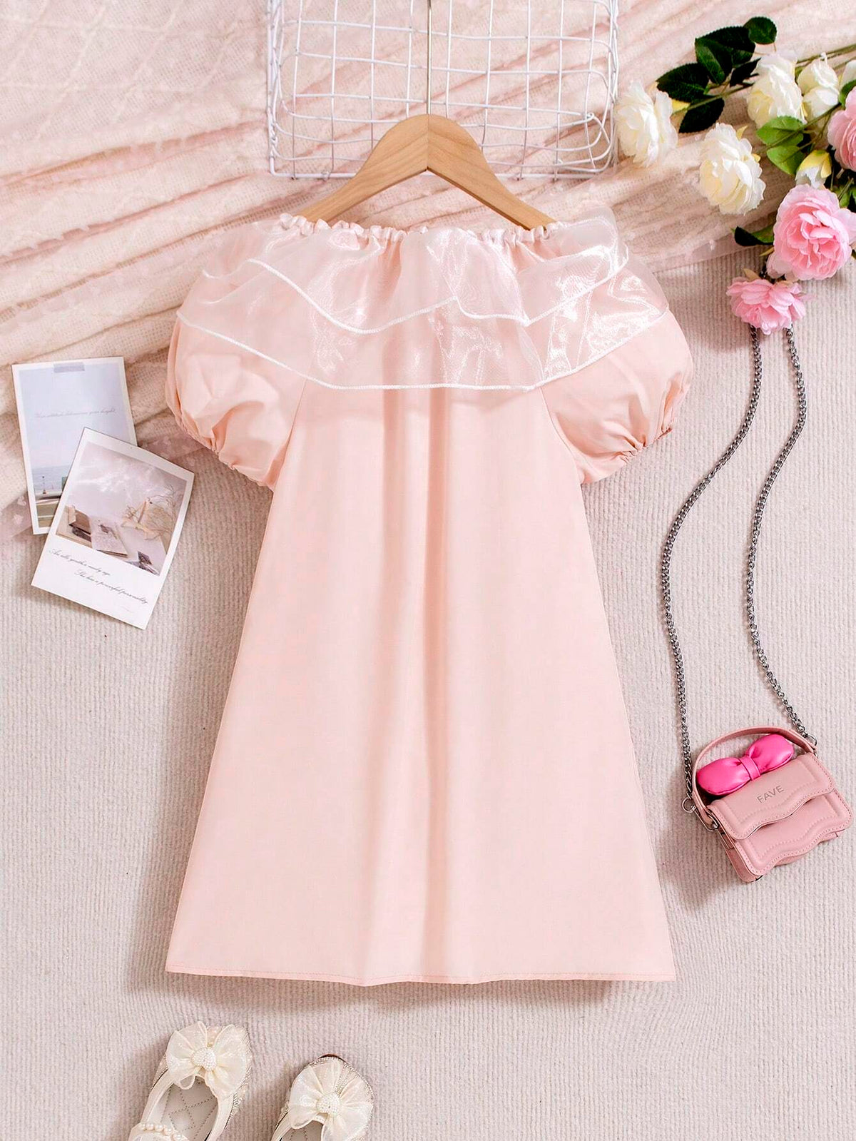 Young Girl's Patchwork Mesh Ruffle Hem Bubble Sleeve One Shoulder Dress, Summer Princess Dress
