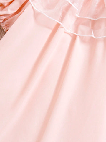 Young Girl's Patchwork Mesh Ruffle Hem Bubble Sleeve One Shoulder Dress, Summer Princess Dress