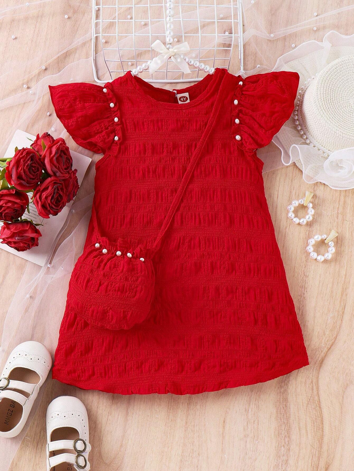 Young Girl's Pearl-Decor Strap Crossbody Bag And Flying Sleeve Vest Dress For Summer