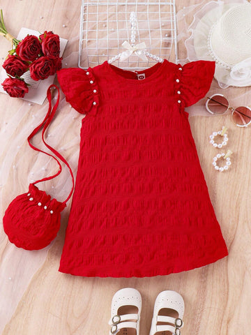 Young Girl's Pearl-Decor Strap Crossbody Bag And Flying Sleeve Vest Dress For Summer