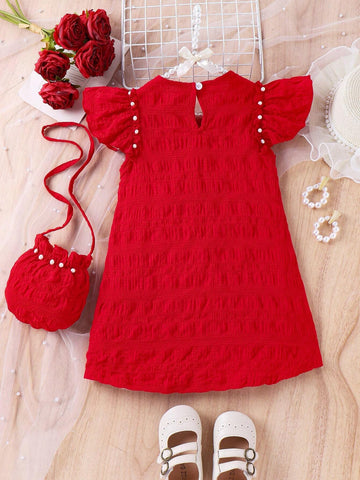 Young Girl's Pearl-Decor Strap Crossbody Bag And Flying Sleeve Vest Dress For Summer