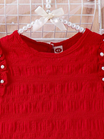 Young Girl's Pearl-Decor Strap Crossbody Bag And Flying Sleeve Vest Dress For Summer