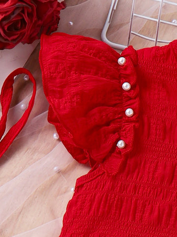 Young Girl's Pearl-Decor Strap Crossbody Bag And Flying Sleeve Vest Dress For Summer