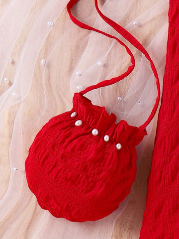Young Girl's Pearl-Decor Strap Crossbody Bag And Flying Sleeve Vest Dress For Summer