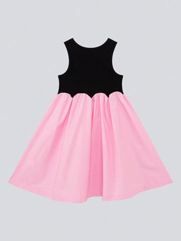 Young Girls Petal Color Block Dress, Summer Sleeveless Princess Dress For 2024, Fashionable Kids Clothing